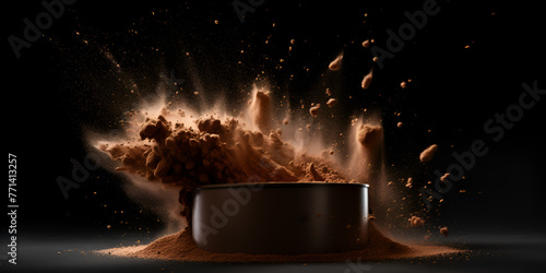 Cocoa powder explosion with lumps on a dark background bowl with a brown powder splashing over it
 photo
