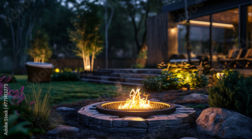 the fire pit is lit in the evening outdoors in the styl db39ff50-3def-4bc0-84e3-a51e9d1f5081