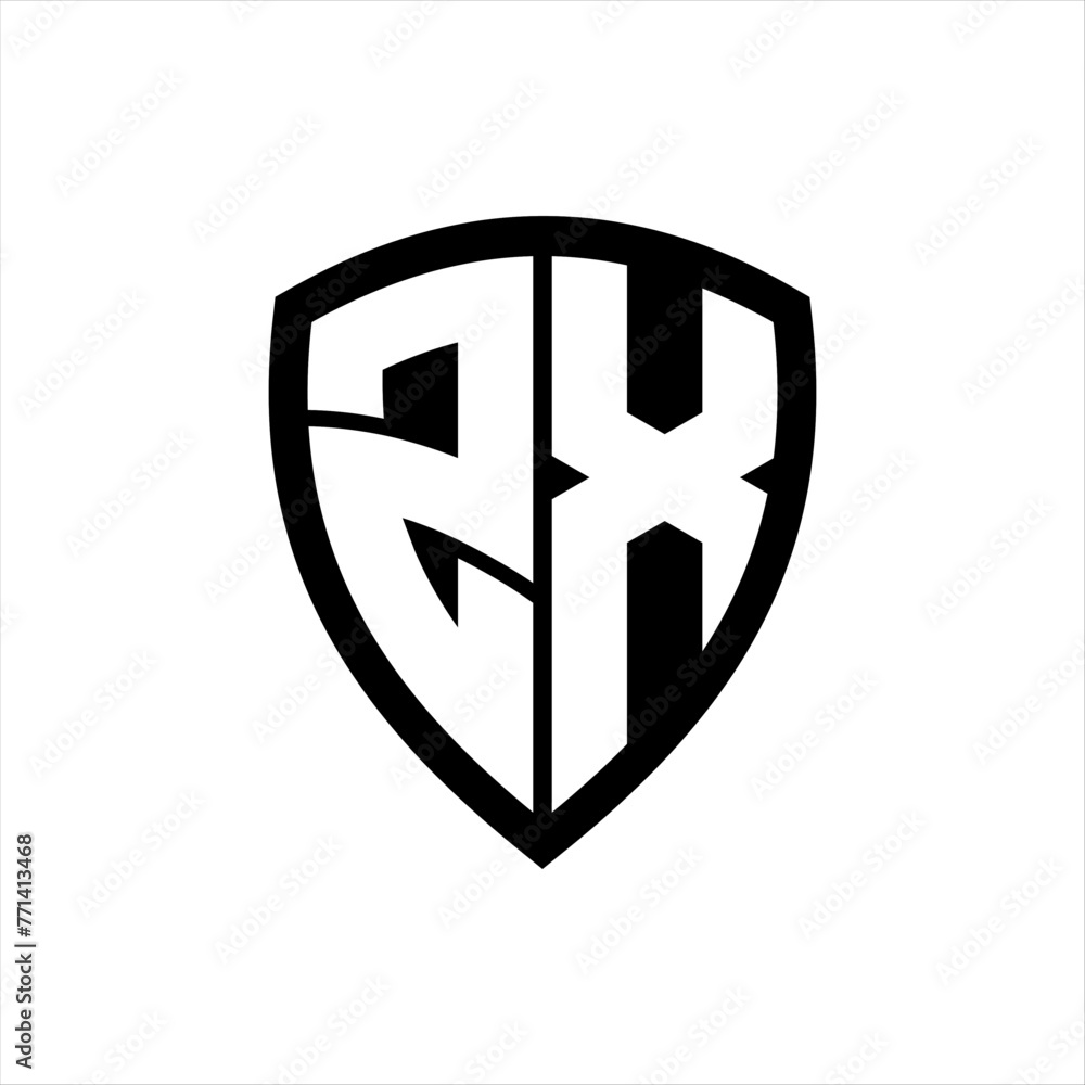 ZX monogram logo with bold letters shield shape with black and white color design ZX monogram logo with bold letters shield shape with black and white color design