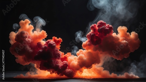 Crimson red to tangerine orange color gradient texture surface of cloudy puffs of smoke backdrop background dramatic lighting from Generative AI