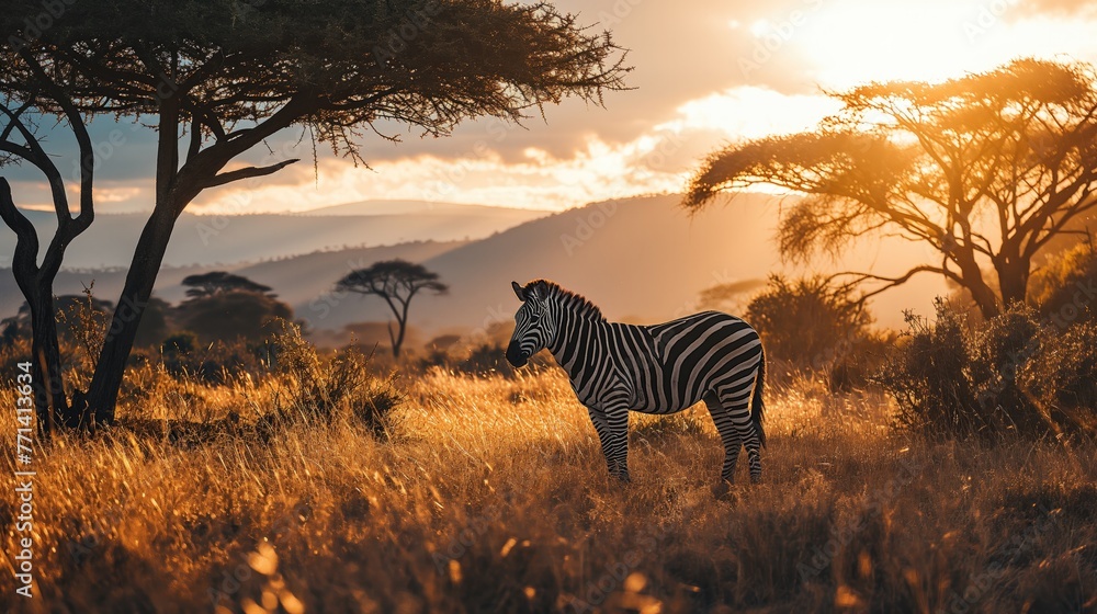 Fototapeta premium zebras in the savannah golden hour, peaceful evening in Africa