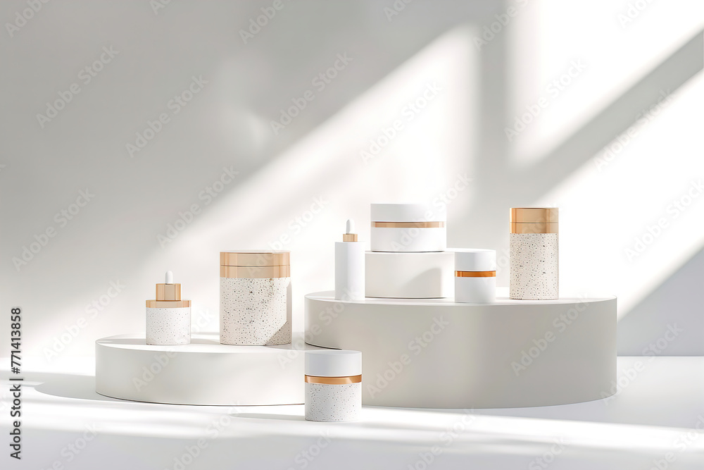 Elegant cosmetic products on white podiums with soft shadows Elegant cosmetic products on white podiums with soft shadows