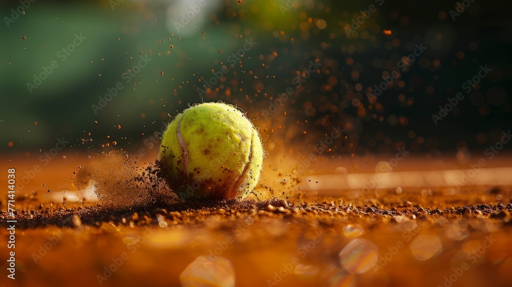 A tennis ball is rolling on the ground, with dirt and dust surrounding it