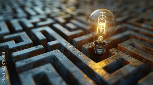 A maze with a clear path leading to a lightbulb, symbolizing innovative solutions.  photo