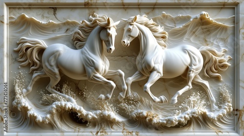 white stone horses on the wall, marble background