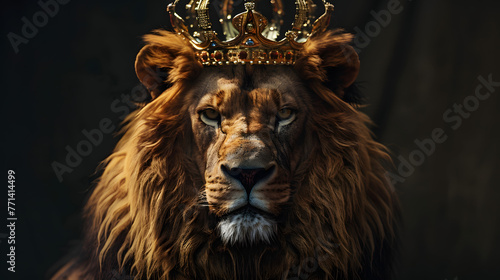 Majestic looking lion with crown, symbol for king of the animal and the chrisian medieval