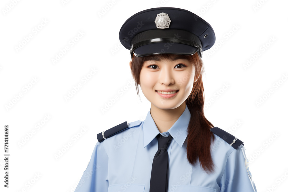 Teen pretty Japanese girl on isolated chroma key background with police uniform Teen pretty Japanese girl on isolated chroma key background with police uniform