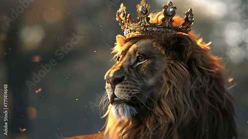 Majestic looking lion with crown, symbol for king of the animal and the chrisian medieval photo