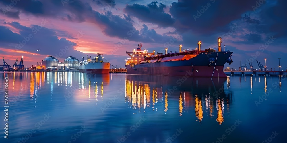 LNG tanker docked at a gas terminal with storage tanks for oil, gas, LPG, and chemicals being transported. Concept Gas Terminal, LNG Tanker, Storage Tanks, Oil Transportation, Chemicals Transport