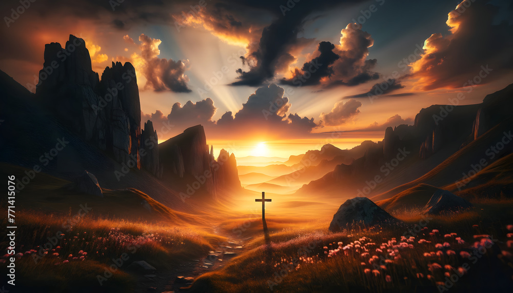 Easter illustration of a cross standing tall in a beautiful landscape Easter illustration of a cross standing tall in a beautiful landscape