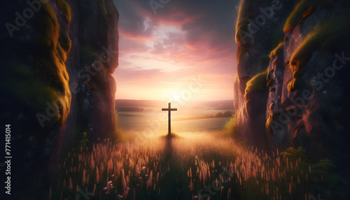 Easter illustration of a cross standing tall in a beautiful landscape
