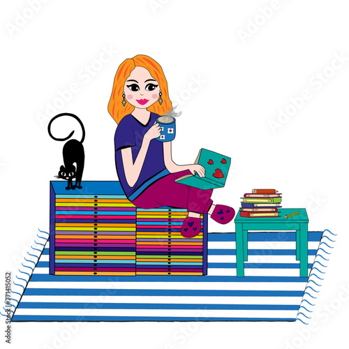 Mujer leyendo un libro y tomando café.