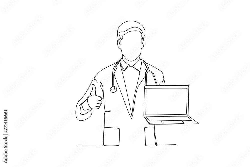 Single continuous line drawing of Doctor holding laptop. Professional work job occupation. Minimalism concept one line draw graphic design vector illustration.
Single continuous line drawing of Doctor holding laptop. Professional work job occupation. Minimalism concept one line draw graphic design vector illustration.