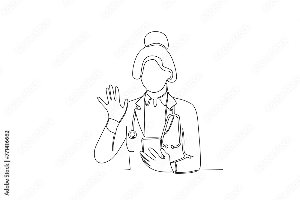 Single continuous line drawing of Doctor greeting a patient virtually. Professional work job occupation. Minimalism concept one line draw graphic design vector illustration.
Single continuous line drawing of Doctor greeting a patient virtually. Professional work job occupation. Minimalism concept one line draw graphic design vector illustration.