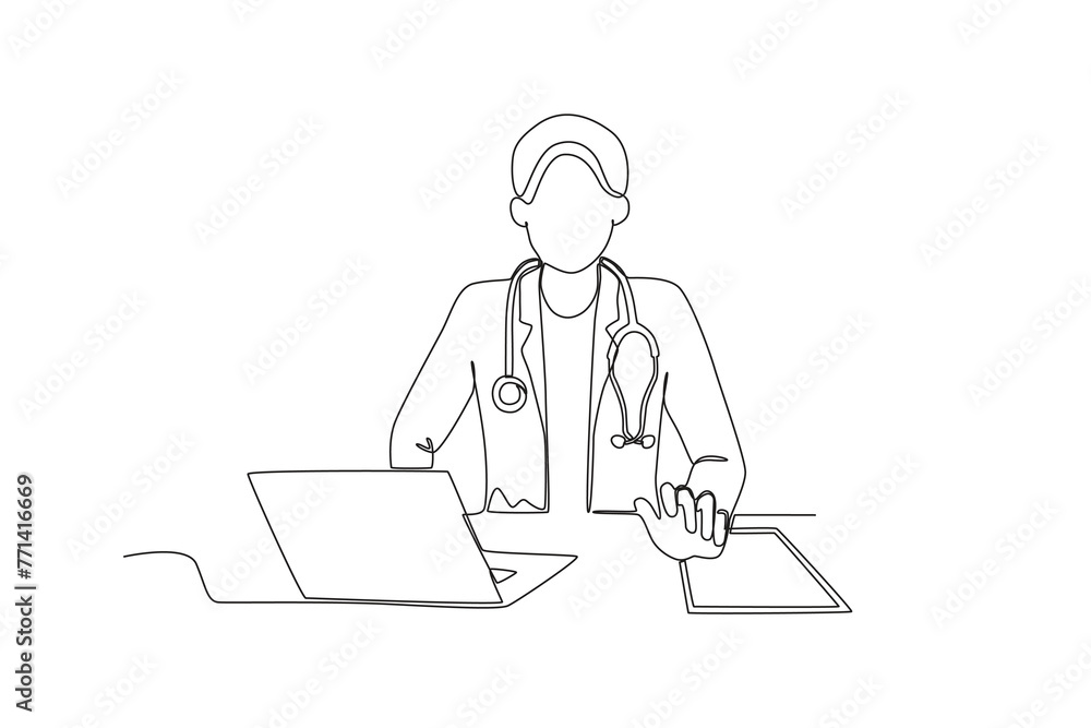 Single continuous line drawing of Doctor greeting a patient virtually. Professional work job occupation. Minimalism concept one line draw graphic design vector illustration.
Single continuous line drawing of Doctor greeting a patient virtually. Professional work job occupation. Minimalism concept one line draw graphic design vector illustration.