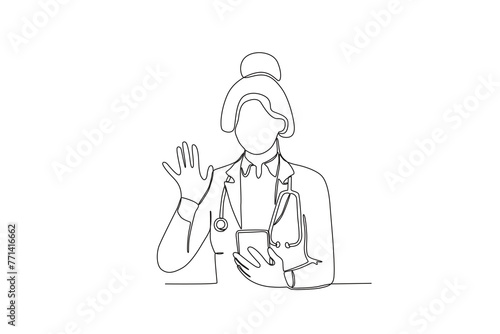 Single continuous line drawing of Doctor greeting a patient virtually. Professional work job occupation. Minimalism concept one line draw graphic design vector illustration.
