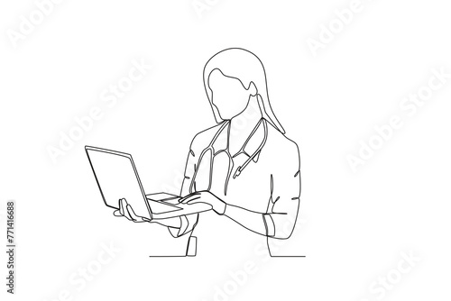 Single continuous line drawing of Doctor holding laptop. Professional work job occupation. Minimalism concept one line draw graphic design vector illustration.
