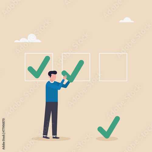 Businessman adds a checkmark to the list of projects. Concept of project management or process plan, completed checklist, completion of project tasks or completion of work.
