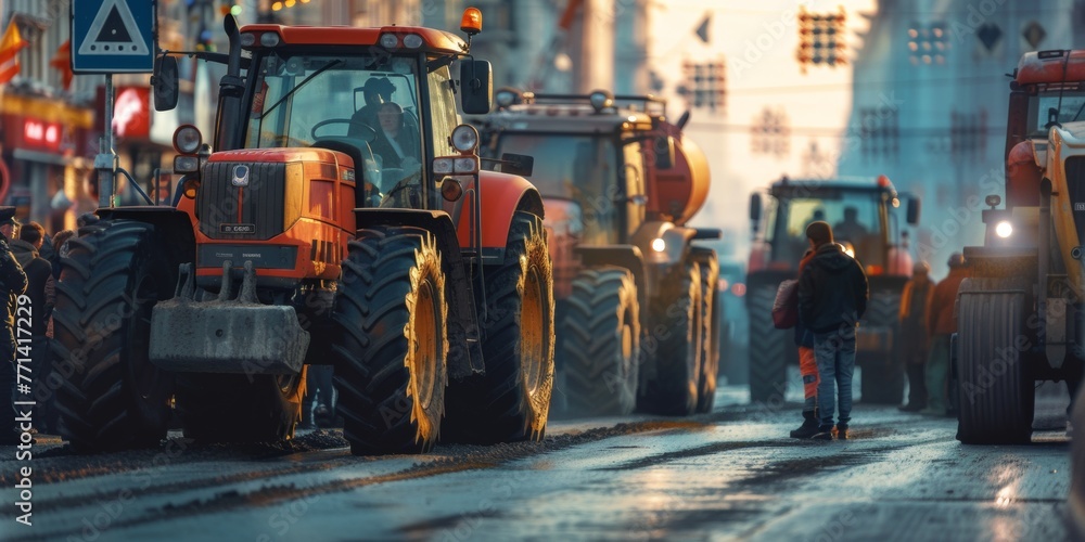 Farmers blocked traffic with tractors during a protest. Generative AI. Farmers blocked traffic with tractors during a protest. Generative AI.