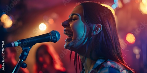 Diverse musicians performing live music on stage smiling and singing during a concert. Concept Live Music, Diverse Musicians, Stage Performance, Smiling Faces, Concert Energ }