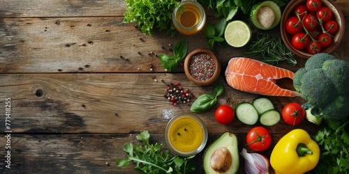 Healthy balanced food top view. Organically fresh fruits and vegetables on the table. Generative AI.