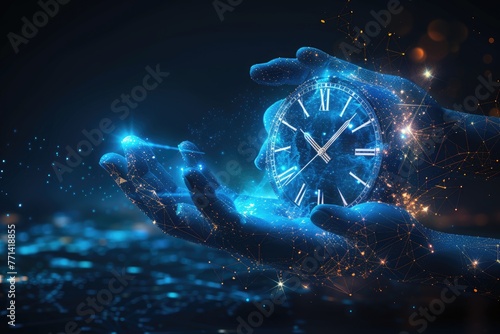 Mastering Time Digital 3D Hand with Stopwatch in Dark Blue and Abstract Low Poly Wireframe with Connected Dots, Lines, Stars, and Shapes - Time Management, Planning, Life Control, or Business Concept