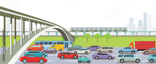 Personenwagen und Lastwagen auf der Autobahn, Bus und Hochbahn  Illustration