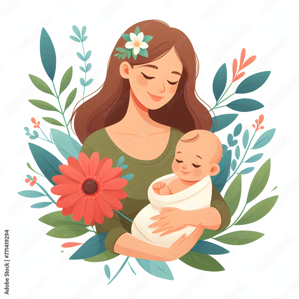 Mother with baby, paper cut illustration, isolated on white background, Mother's Day, Mother Love Child