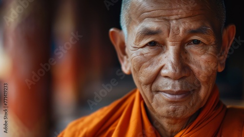 portrait of an old buddhist monk wearing an orange robe