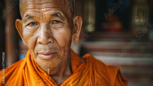 portrait of an old buddhist monk wearing an orange robe