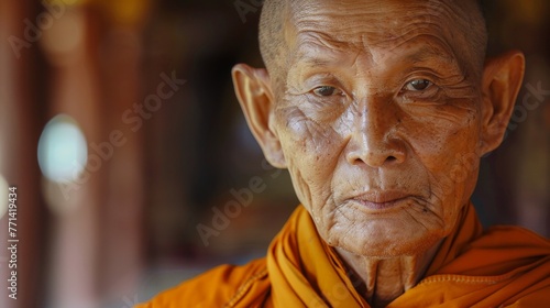 portrait of an old buddhist monk wearing an orange robe