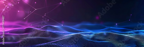 Abstract digital background with blue and purple gradient, low poly mesh lines, dots connecting to each other and forming a wave shape. Digital technology concept, generative ai