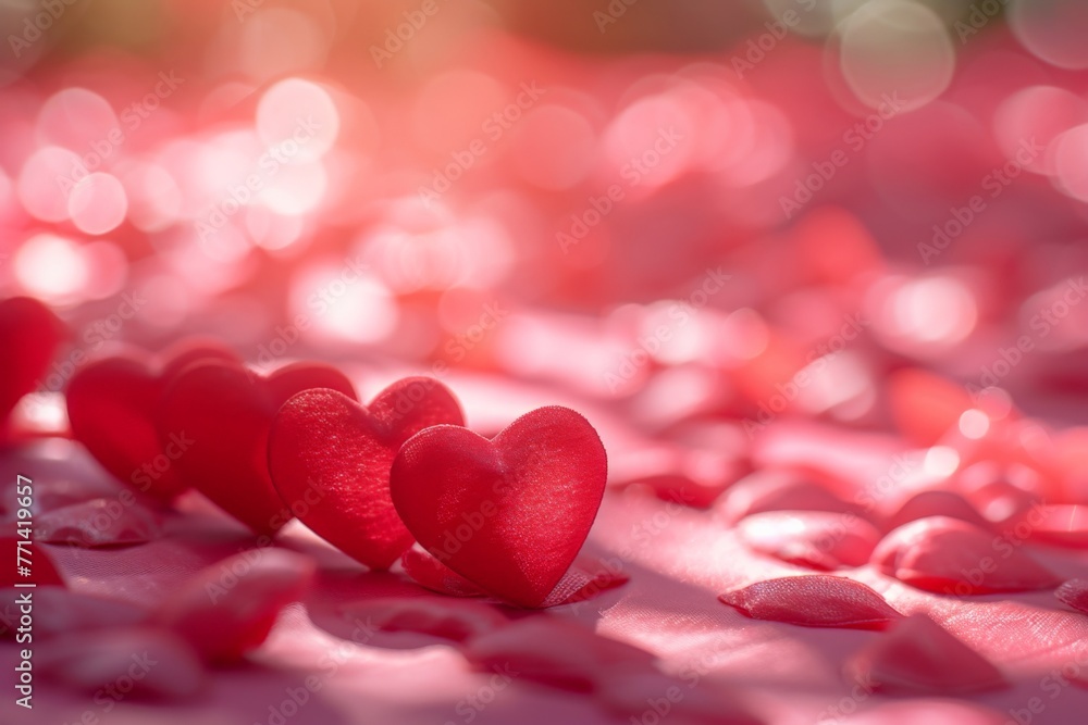 Collection of festive red heart shaped pieces on a vibrant red surface with soft glowing light in the background Collection of festive red heart shaped pieces on a vibrant red surface with soft glowing light in the background