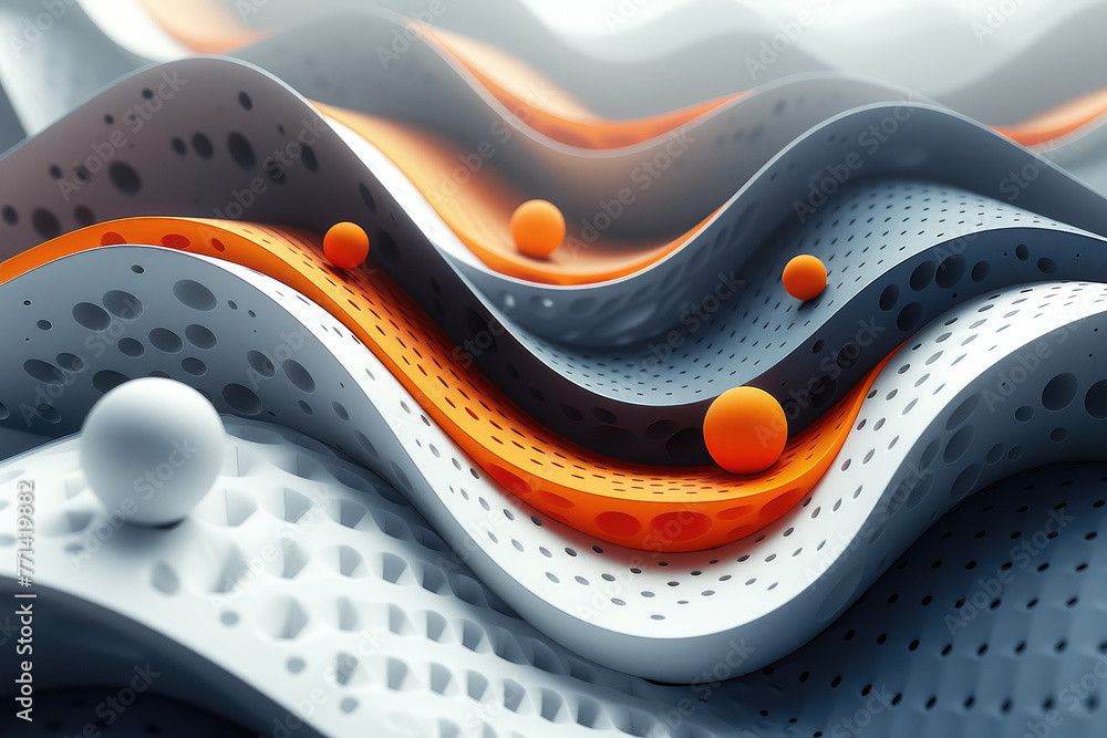 3D render of an abstract futuristic background with orange and gray wavy lines, balls and white dots on a wavy created with ai