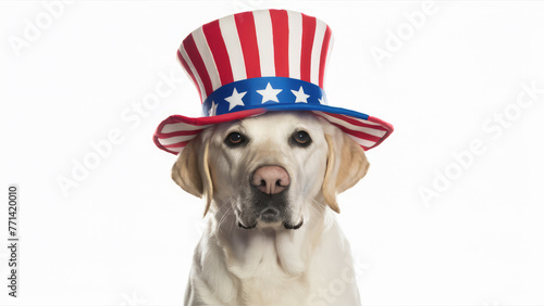 Whimsical and Patriotic White Labrador Retriever in Uncle Sam Hat. Copy-Space Concept: American Spirit
