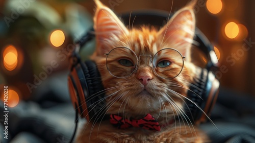 Cute red kitten wearing glasses and headphones