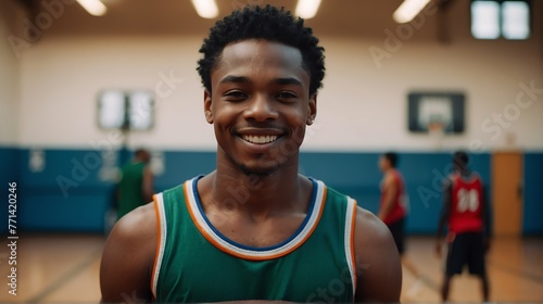 Young handsome male black african athlete on colorful jersey uniform portrait image on basketball court gym background smiling looking at camera from Generative AI photo