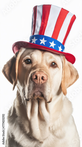 Whimsical and Patriotic White Labrador Retriever in Uncle Sam Hat. Copy-Space Concept: American Spirit