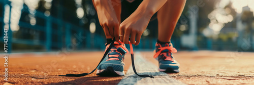 Runner tying shoelaces preparing to run. Sprinter with running trainers on race tracks. Sprint sporting competition. Exercise & fitness banner  photo