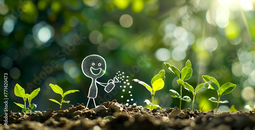 Figura de muñeco artificial regando las plantas