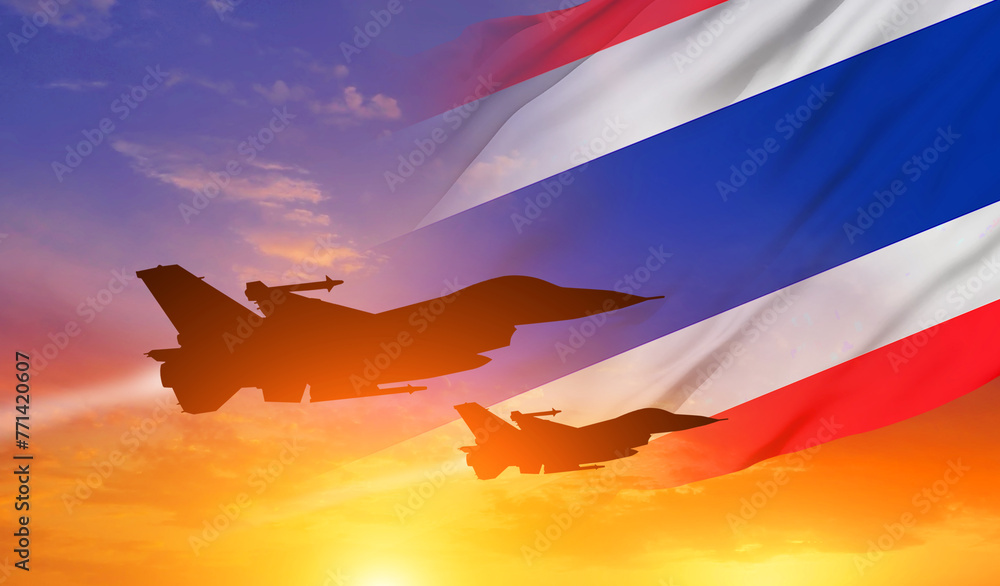 Warplane and National flag on sky background. Thailand holiday concept. 3d illustration. - obrazy, fototapety, plakaty 