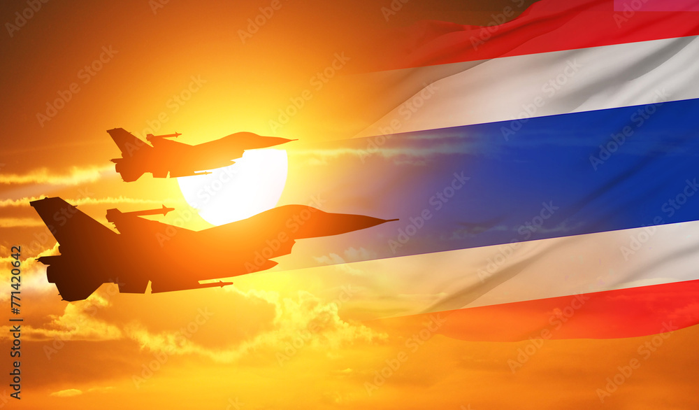 Warplane and National flag on sky background. Thailand holiday concept. 3d illustration.