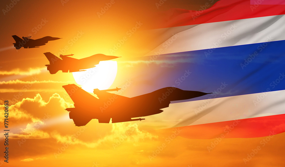 Warplane and National flag on sky background. Thailand holiday concept. 3d illustration. - obrazy, fototapety, plakaty 