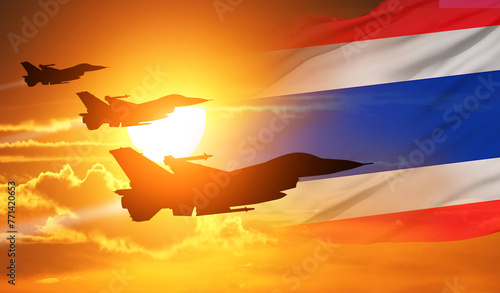 Warplane and National flag on sky background. Thailand holiday concept. 3d illustration. photo