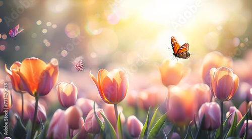 tulip flowers with bright sun and orange butterfly floa 8929d6cb-63cf-4953-aca5-53b7a7ae0f34 photo