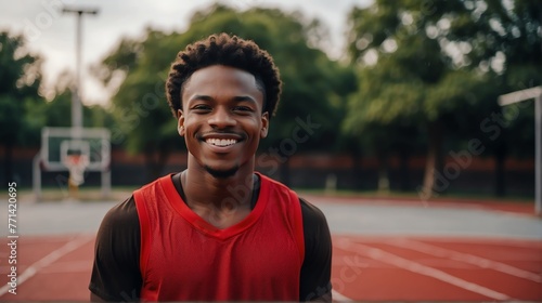 Young handsome male black african athlete on red jersey uniform portrait image on basketball court gym background smiling looking at camera from Generative AI