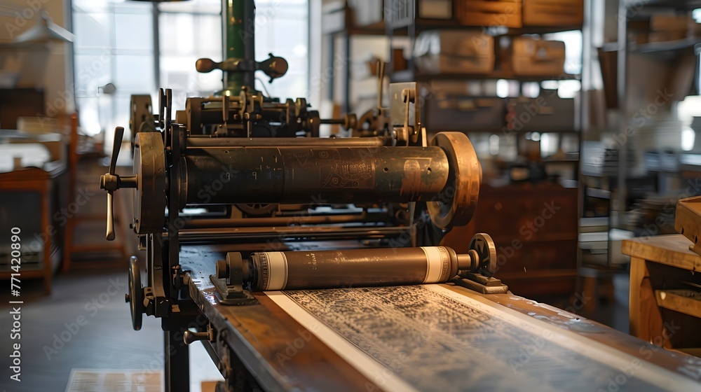 Fototapeta premium Vintage Printing Press Juxtaposed with Modern Equipment Showcasing Print Technology Evolution