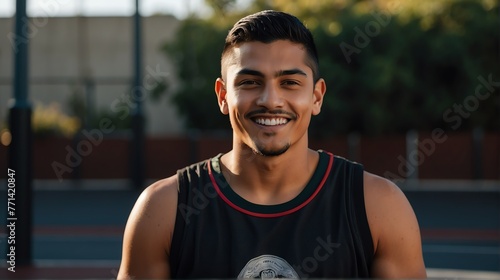 Young handsome male mexican hispanic athlete on black jersey uniform portrait image on basketball court gym background smiling looking at camera from Generative AI