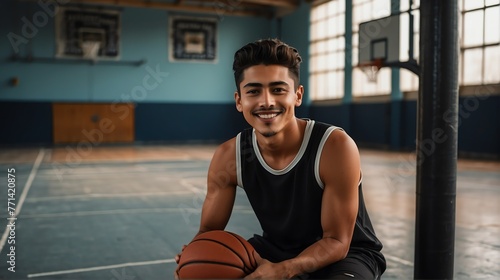 Young handsome male mexican hispanic athlete on black jersey uniform portrait image on basketball court gym background smiling looking at camera from Generative AI photo