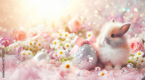 Easter bunny eggs cute and crystal eggs and flowers light bokeh